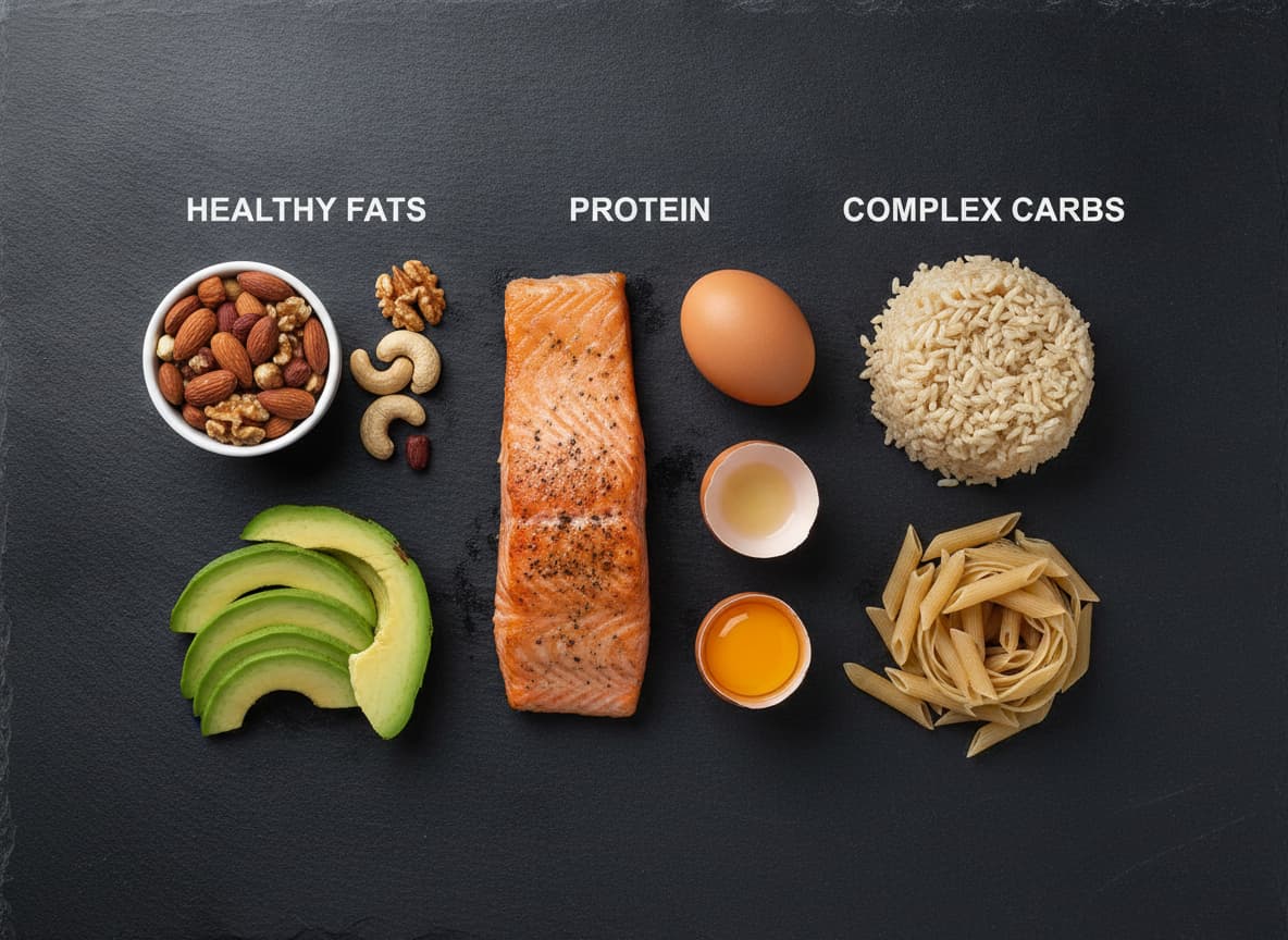 Un arrangement à plat d'aliments riches en protéines, glucides et lipides sur une surface en ardoise sombre, comprenant un bol de noix et d'avocat, un morceau de saumon, deux œufs, du riz brun et des pâtes de blé entier.