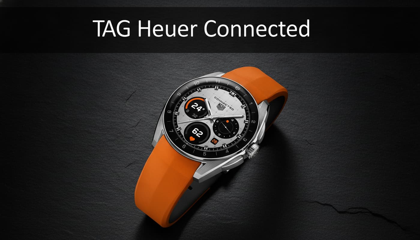 Montre connectée de luxe TAG Heuer Connected Calibre E5 avec cadran chronographe numérique vibrant, posée sur une surface en ardoise sombre avec reflets, éclairage dramatique soulignant le boîtier en titane brossé et la lunette en céramique noire, fond dégradé charbon de bois profond, et texte superposé 'TAG Heuer Connected' avec ombre portée.