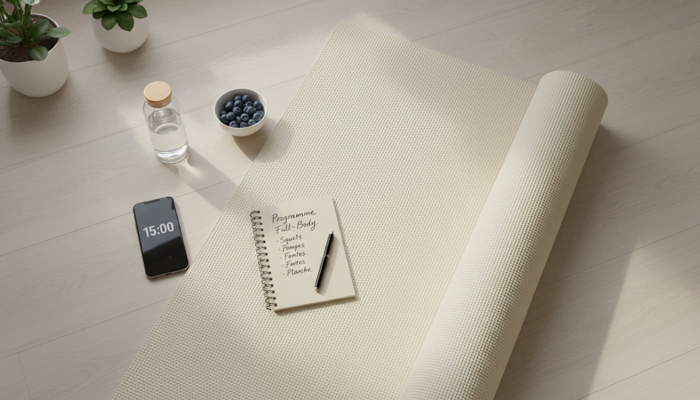 Vue aérienne d'un tapis de yoga posé à côté d'un smartphone affichant un minuteur et d'un carnet ouvert sur lequel est écrit à la main Programme Full-Body.