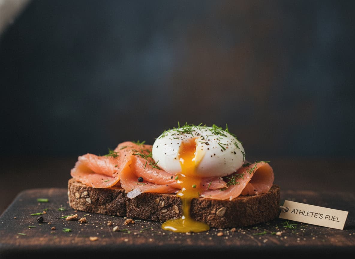 Tartine de pain complet noir garnie de saumon fumé, d'un œuf poché au jaune coulant, d'aneth et de poivre noir, sur fond sombre.