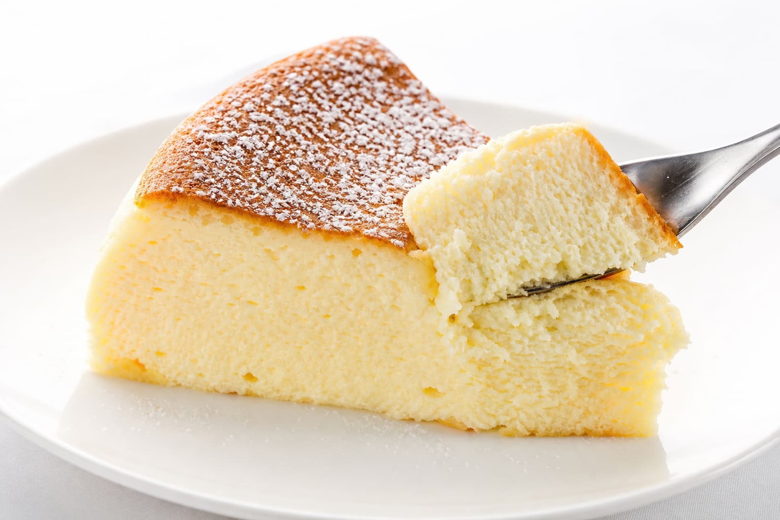 Tranche de gâteau au fromage blanc sur assiette blanche, intérieur moelleux visible, saupoudrée de sucre glace, avec une fourchette coupant la part.