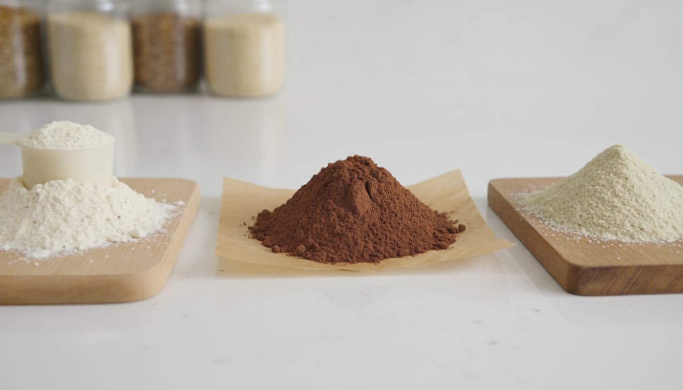 Trois doses de poudre protéinée (vanille, chocolat, et végétale) posées sur un comptoir en quartz blanc, avec des bocaux en verre floutés en arrière-plan.