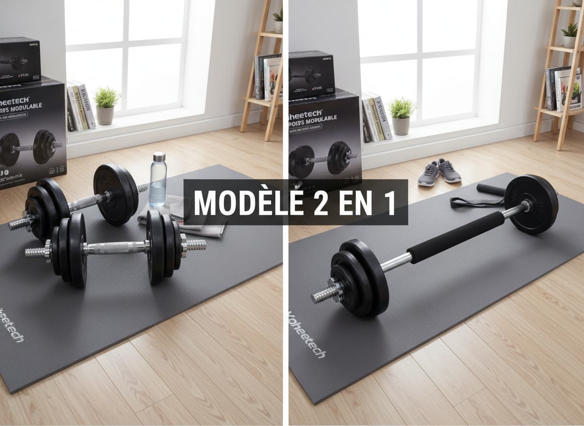 Deux haltères individuelles et une barre longue avec rembourrage central formant un kit 2 en 1, dans un environnement d'entraînement à domicile, avec le texte 'MODÈLE 2 EN 1' superposé.