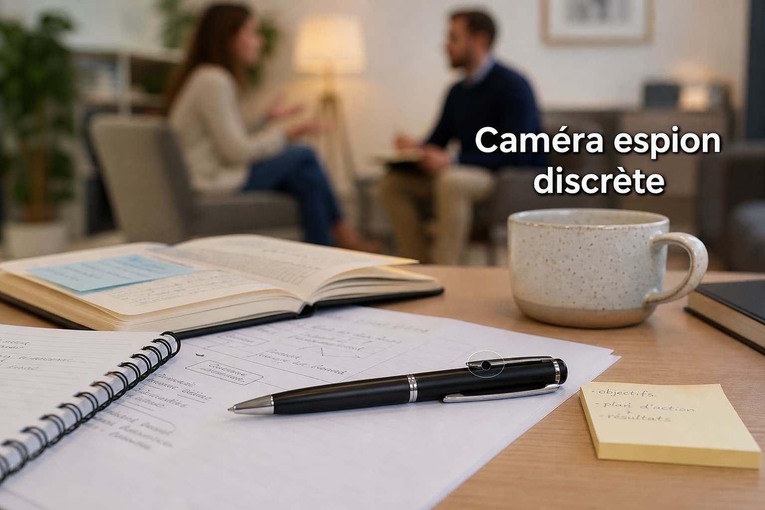 Un bureau avec des carnets, une tasse de café et un stylo caméra espion, avec un arrière-plan flou de séance de coaching et le texte