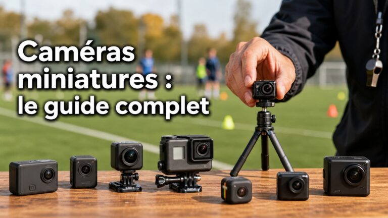 Des caméras miniatures sont disposées sur un bureau en bois, avec un terrain de sport flou en arrière-plan ; la main d'un entraîneur règle l'une d'elles, et le texte 'Caméras miniatures : le guide complet' apparaît en surimpression.