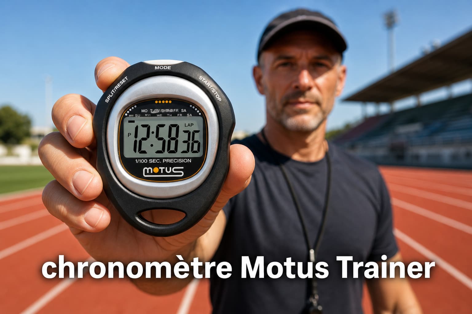 Un entraîneur sportif tient un chronomètre Motus Trainer affichant des temps de tour, sur une piste ensoleillée, avec le texte