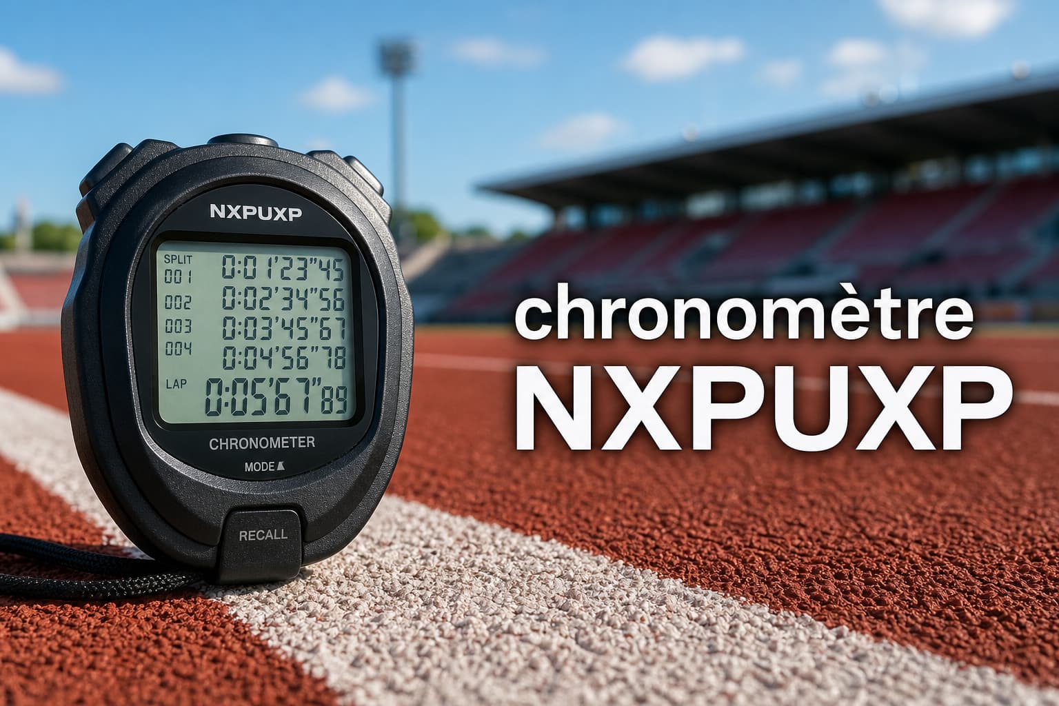 Chronomètre numérique portable NXPUXP avec un grand écran LCD affichant des temps intermédiaires, posé sur une ligne de couloir de piste, avec le stade en arrière-plan et le texte superposé