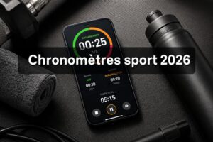 Vue de dessus d'un smartphone posé sur un tapis de gym affichant une interface colorée de chronomètre sportif, entouré d'haltères, d'une bouteille d'eau et d'une serviette, avec un éclairage dynamique et un texte superposé 'Chronomètres sport 2026' sur fond sombre semi-transparent.