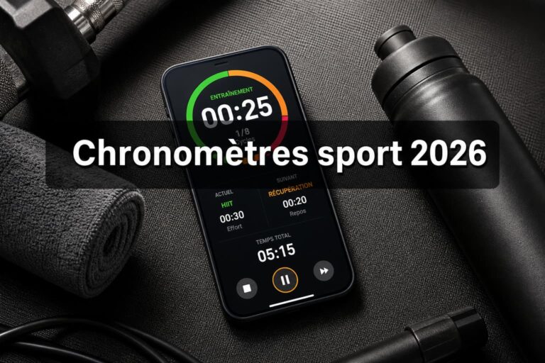 Vue de dessus d'un smartphone posé sur un tapis de gym affichant une interface colorée de chronomètre sportif, entouré d'haltères, d'une bouteille d'eau et d'une serviette, avec un éclairage dynamique et un texte superposé 'Chronomètres sport 2026' sur fond sombre semi-transparent.