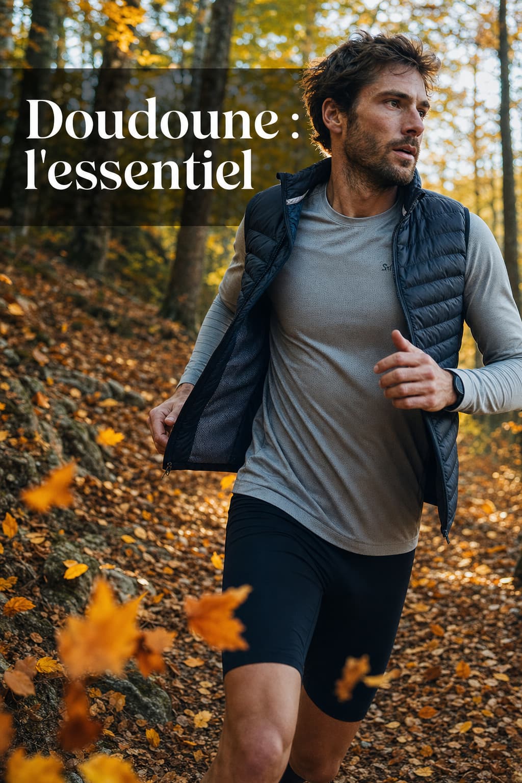 Coureur portant une doudoune sans manche ouverte sur un sentier forestier en automne avec feuilles tombantes, texte superposé