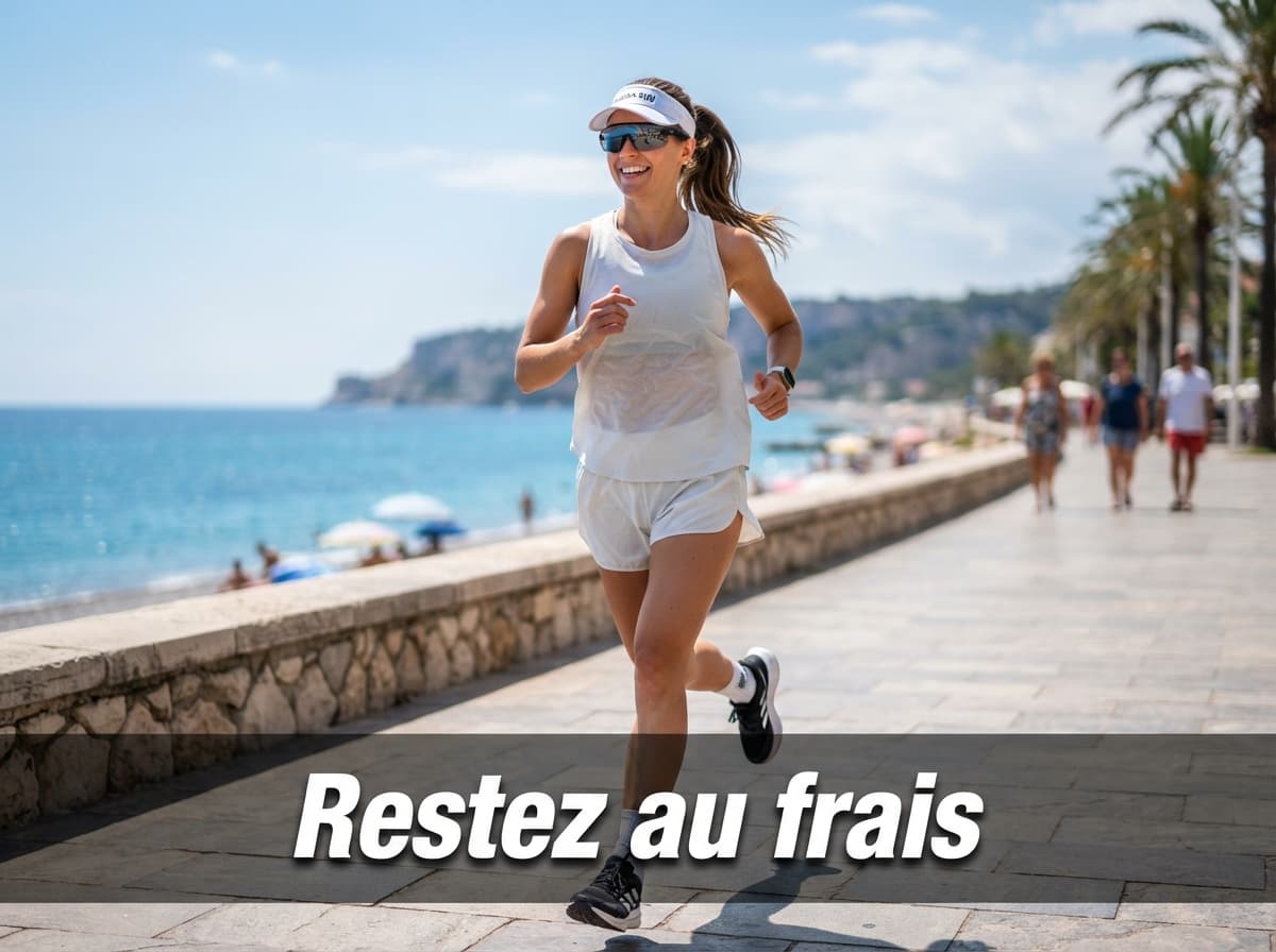 Un coureur portant un débardeur ample de couleur claire, un short, une casquette à visière et des lunettes de soleil court sur une promenade en bord de mer sous un soleil éclatant, avec un bandeau semi-transparent affichant le texte