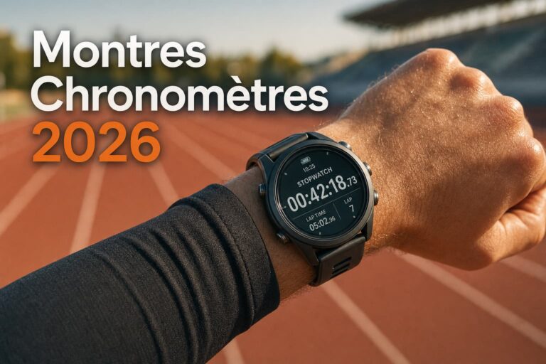 Poignet d'un coureur portant une montre chronomètre numérique affichant un temps écoulé sur une piste d'athlétisme floue ensoleillée, avec le texte superposé 'Montres Chronomètres 2026' en ombre portée.