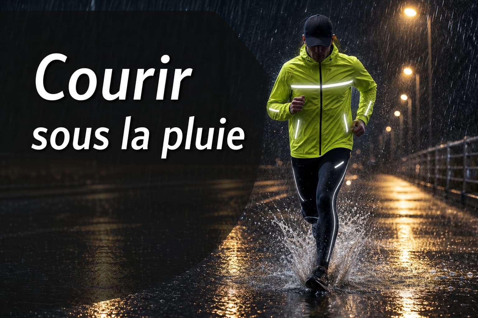 Un coureur portant une veste imperméable vive et des collants, éclaboussant une flaque sur une route mouillée sous la pluie, avec des bandes réfléchissantes brillant et le texte