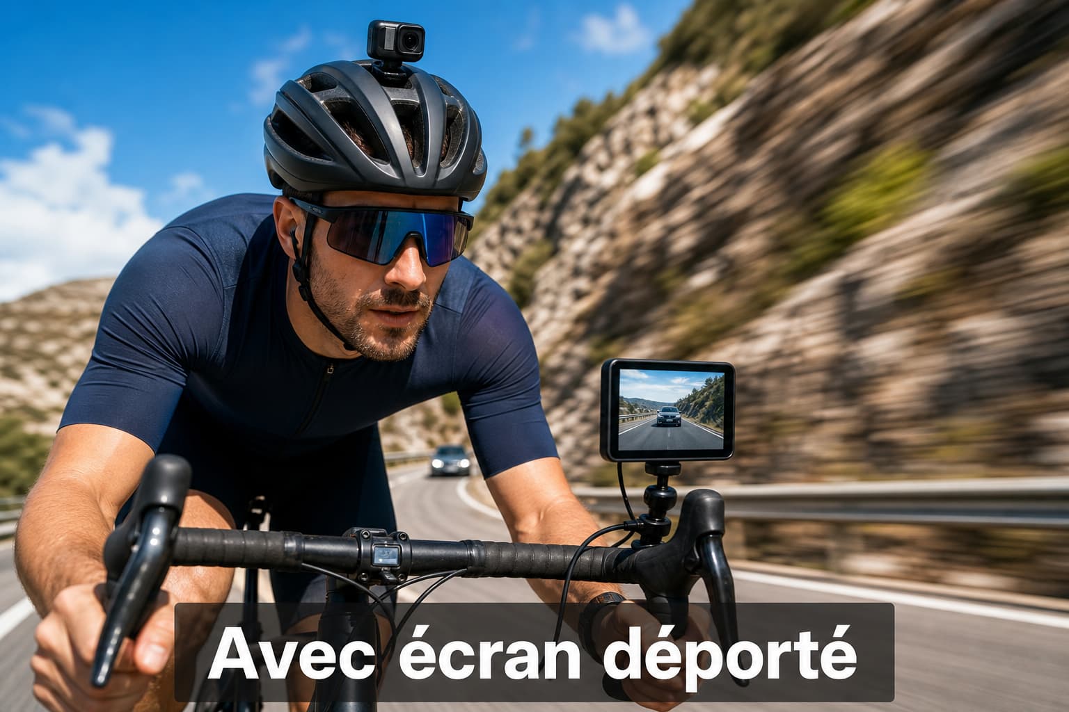 Cycliste en mouvement portant une mini caméra sur le casque, avec un petit écran au guidon affichant l