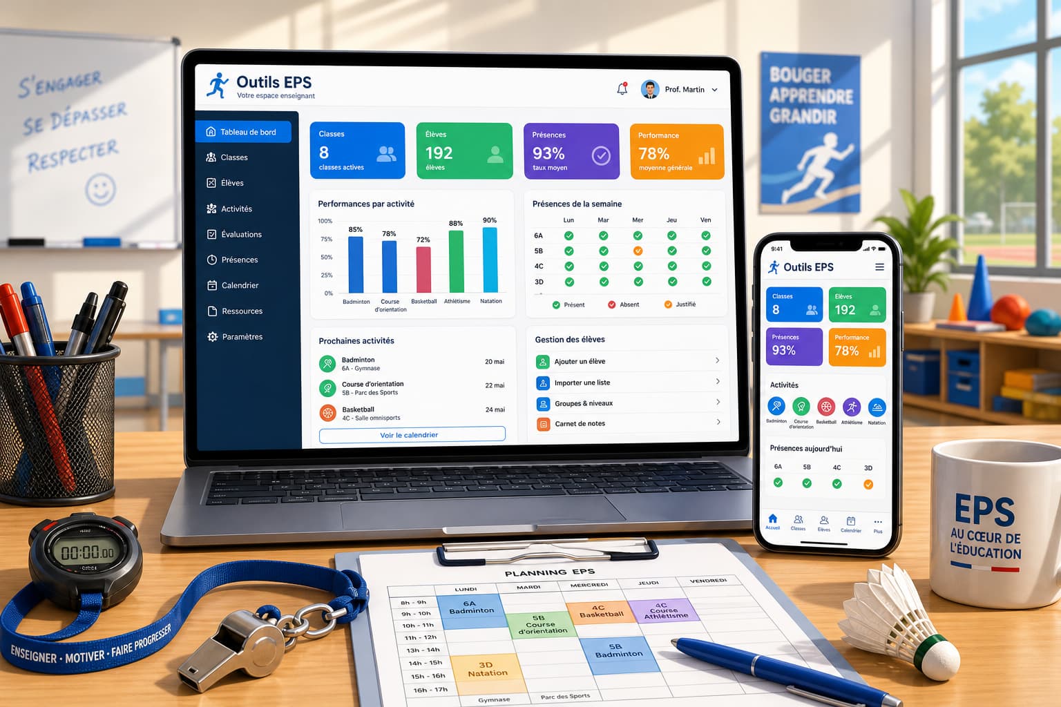 Un ordinateur portable et un smartphone affichent le tableau de bord Outils EPS avec des statistiques et des outils de gestion des élèves, posés sur un bureau d