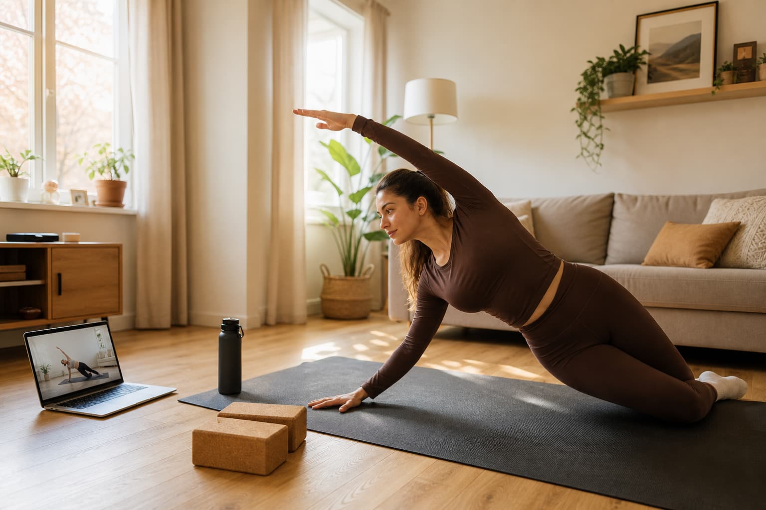 Une femme fait du Pilates chez elle dans un salon confortable, suivant une vidéo sur un ordinateur portable, avec la lumière du matin qui entre, sur un tapis, en plein exercice, un bloc de yoga et une bouteille d