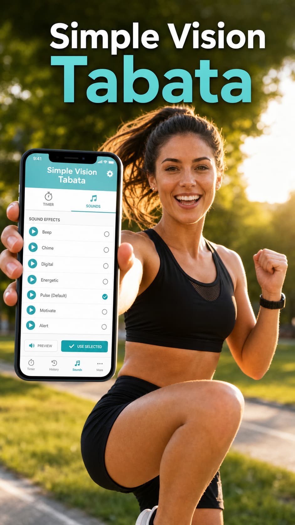 Femme faisant des high knees dans un parc au moment doré, tenant un smartphone avec l