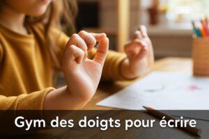 Mains d'un enfant réalisant un exercice de doigts sur un bureau en bois, avec un crayon et du papier, et le texte 'Gym des doigts pour écrire' en surimpression.