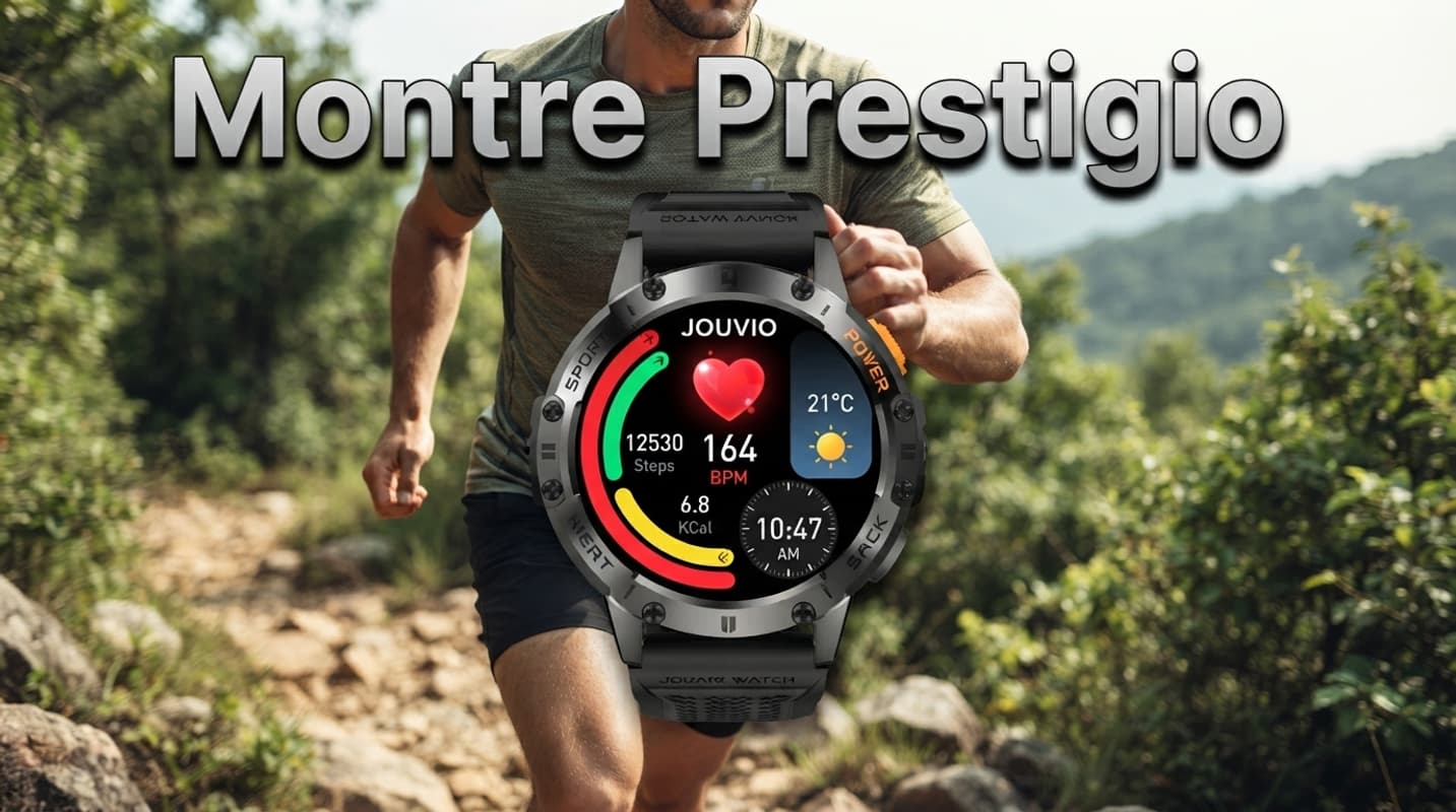Coureur sur un sentier portant au poignet la montre connectée Jouvio Montre Prestigio, son écran AMOLED affichant des mesures de fréquence cardiaque et de fitness, avec l