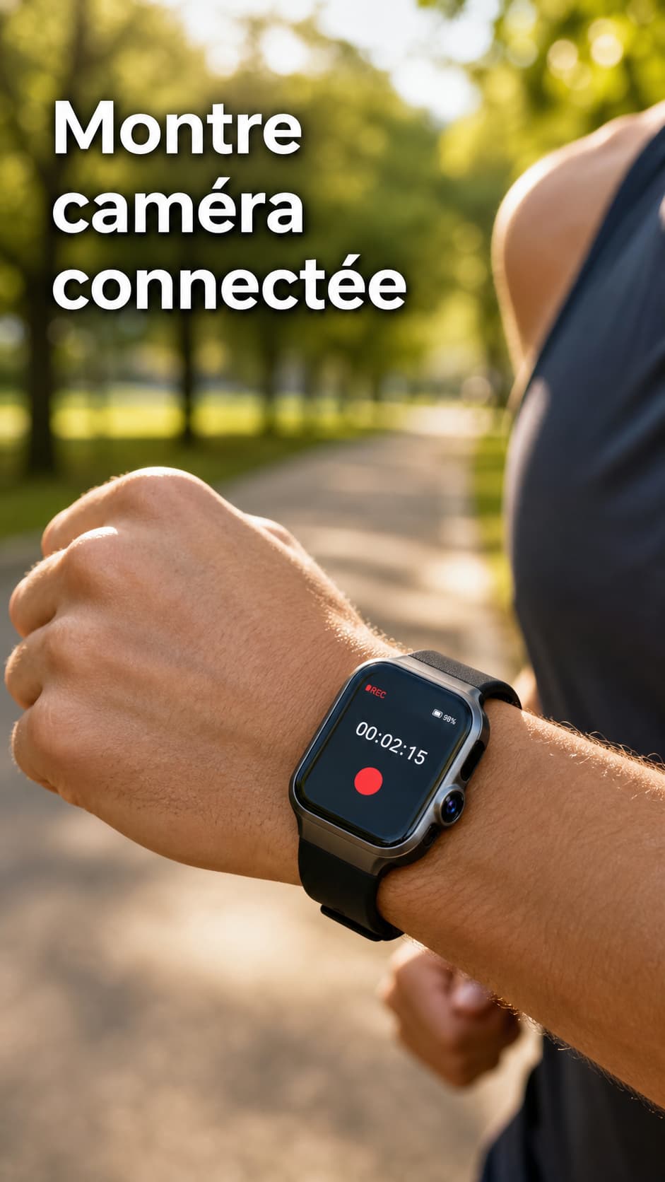 Gros plan sur un poignet portant une montre avec objectif caméra et indicateur d