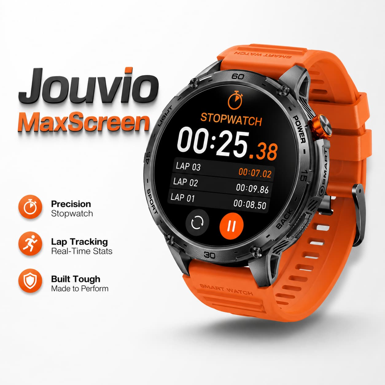 Montre Jouvio MaxScreen avec écran surdimensionné affichant un chronomètre, sur fond lumineux, avec le texte