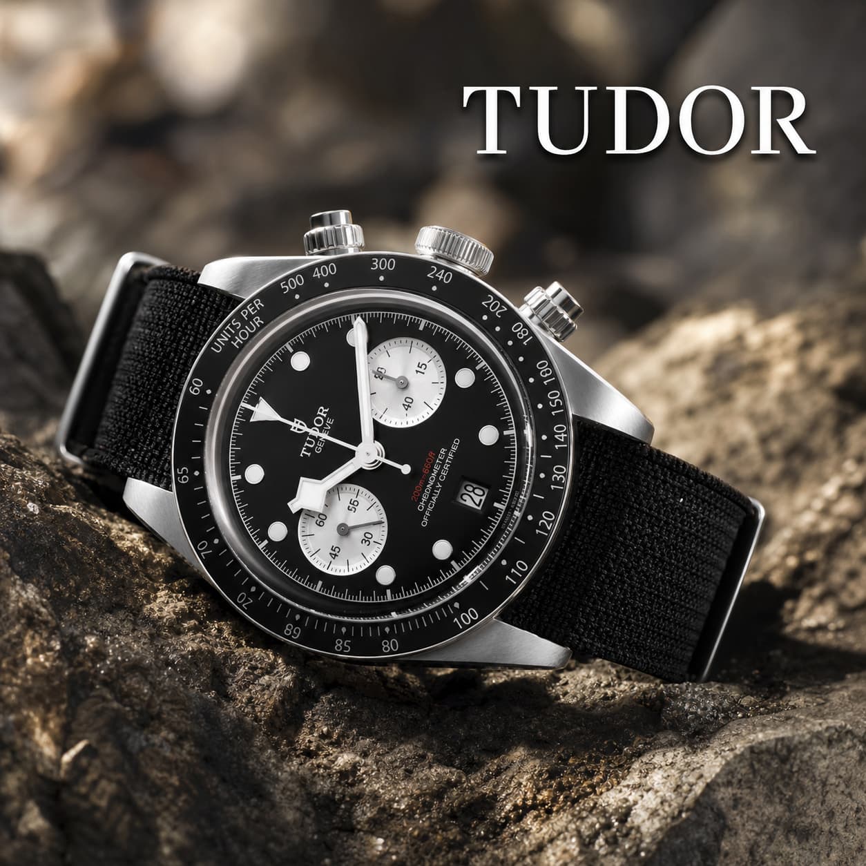 Une montre Tudor Black Bay à cadran noir et bracelet en tissu, posée sur une surface rocheuse sous un éclairage latéral intense, avec des aiguilles snowflake bien visibles et le texte