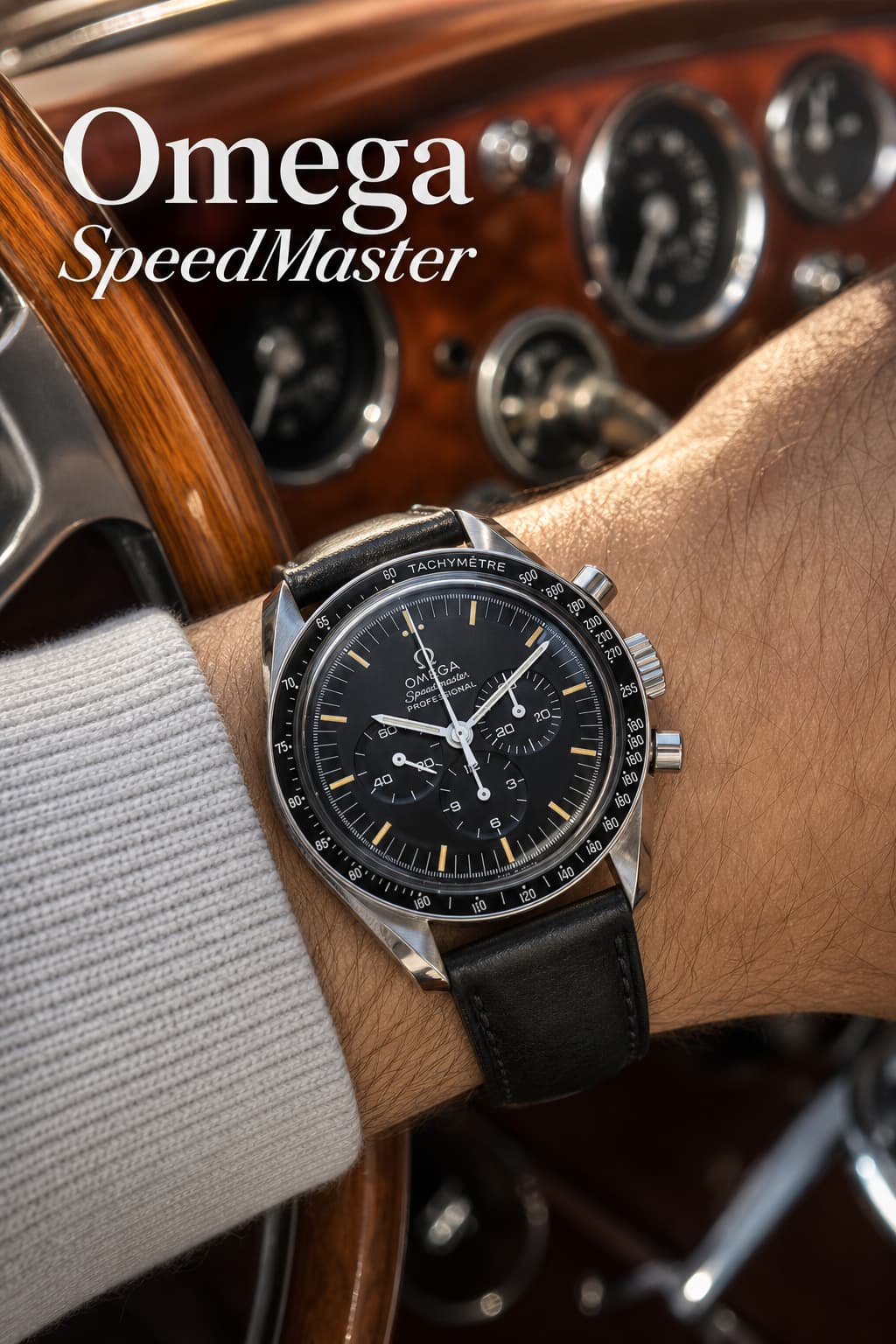 Montre Omega Speedmaster Professional à bracelet en cuir noir posée sur un tableau de bord de voiture vintage, avec cadrans chronographes visibles, lunette tachymétrique nette et texte superposé