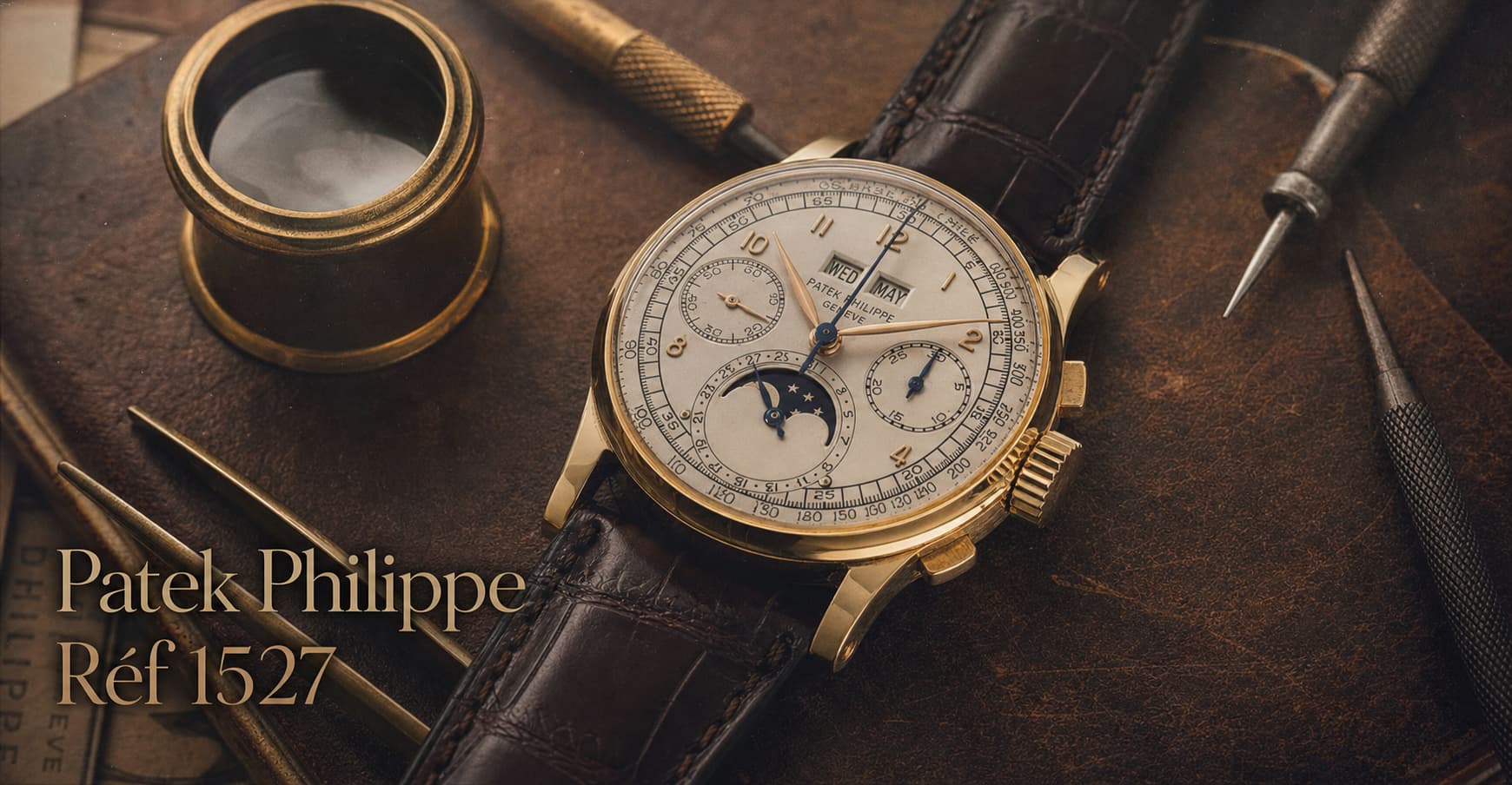 Montre chronographe Patek Philippe Réf. 1527 en or sur un sous-main en cuir vieilli avec outils anciens, lumière ambiante chaude, et texte