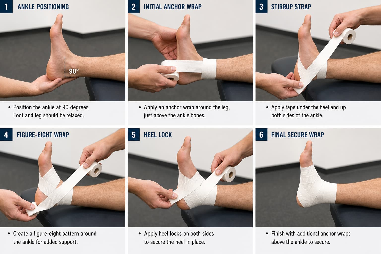 Mains appliquant une bande de strapping sur une cheville maintenue à angle droit, sur fond de sol de salle de sport neutre, séquence pédagogique.