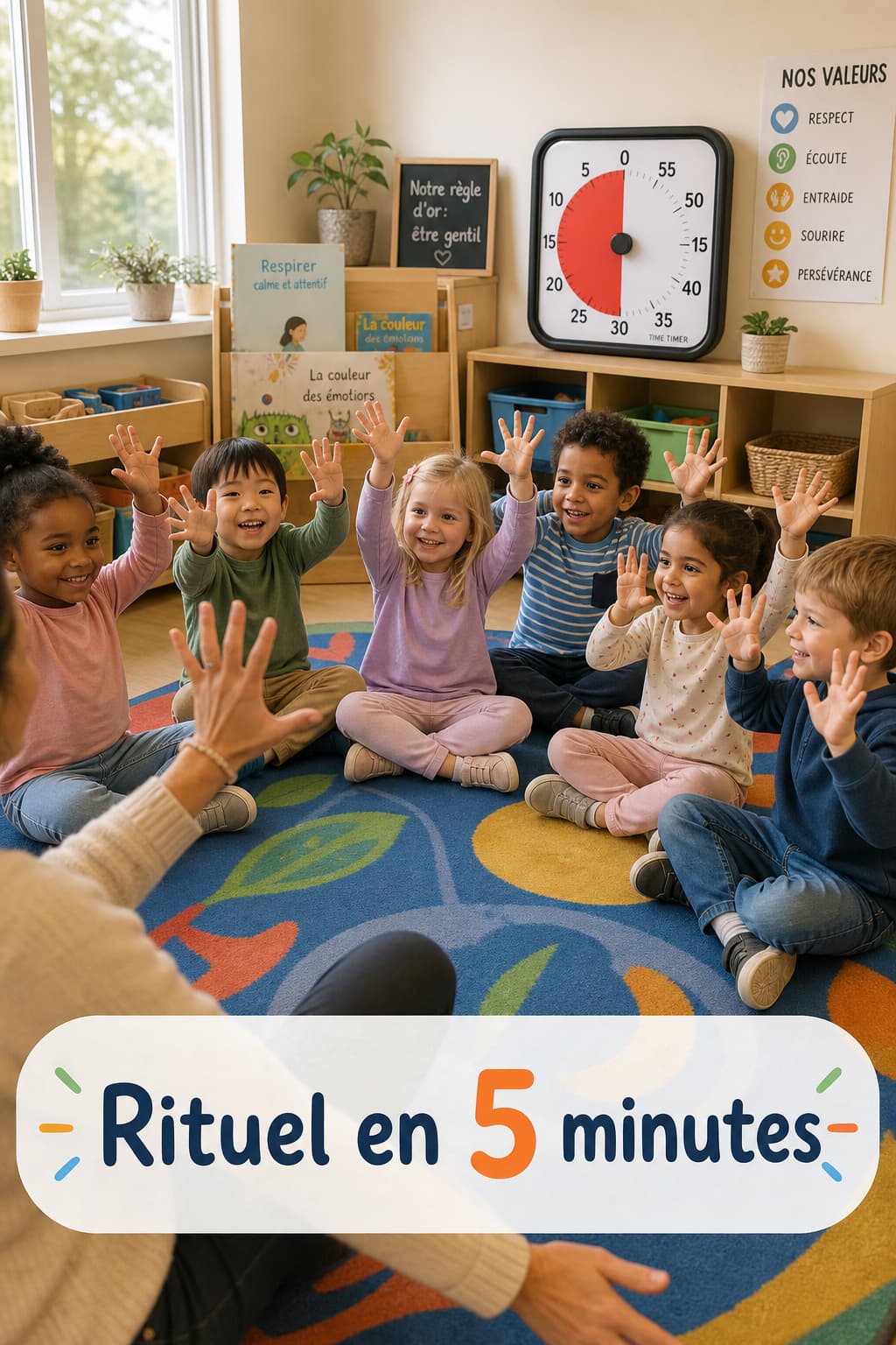 Des enfants assis en cercle sur un tapis coloré lèvent les mains en agitant les doigts, guidés par un enseignant, tandis qu