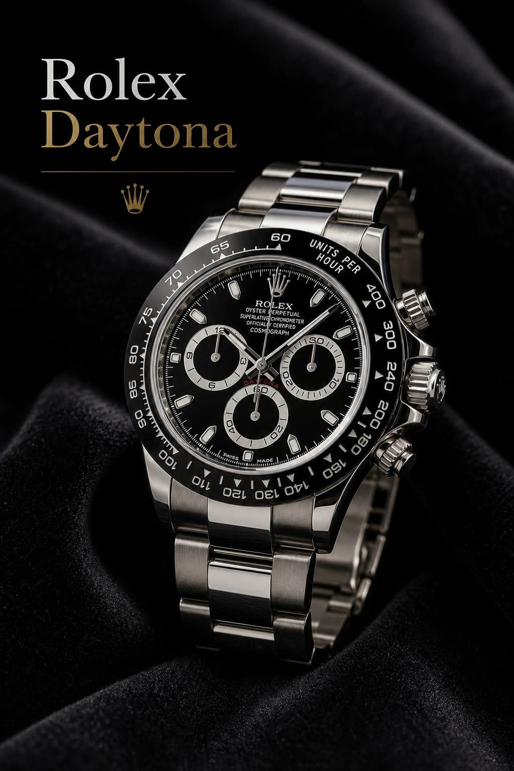 Une montre de luxe Rolex Daytona avec un bezel en céramique noire et un bracelet en acier inoxydable, posée sur une surface en velours sombre sous un éclairage tamisé, mettant en valeur les poussoirs du chronographe, avec le texte superposé