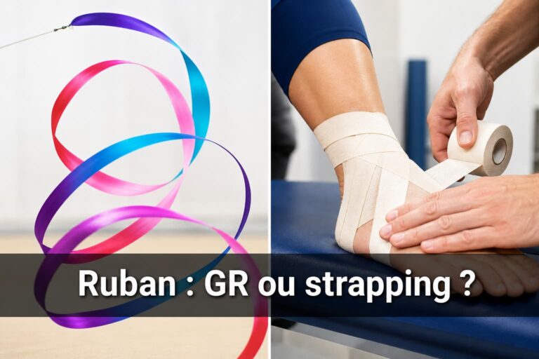 Composition scindée montrant un ruban de gymnastique rythmique tournoyant d’un côté et une bande de strapping appliquée sur la cheville d’un athlète de l’autre, avec le texte 'Ruban : GR ou strapping ?' en superposition.
