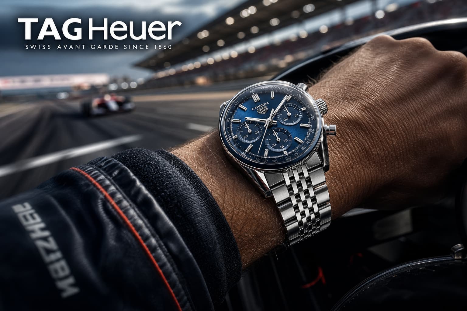 Montre TAG Heuer Carrera chronographe au poignet, cadran bleu et bracelet acier, arrière-plan flou de circuit de course, et texte