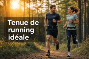 Couple courant en forêt à l'aurore avec tenues de running techniques et ceintures d'hydratation, texte 'Tenue de running idéale' superposé.