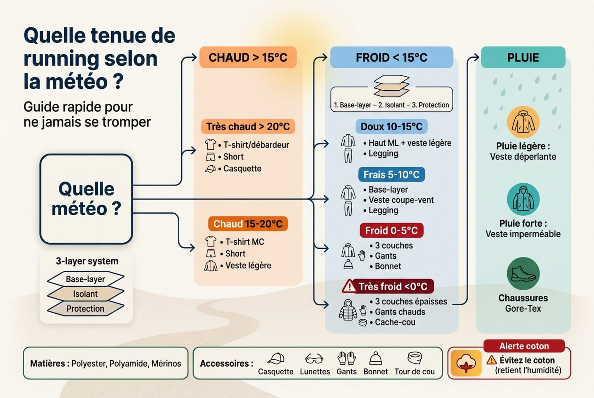 Infographie arbre de décision pour choisir sa tenue de running selon la météo avec recommandations par température et pluie