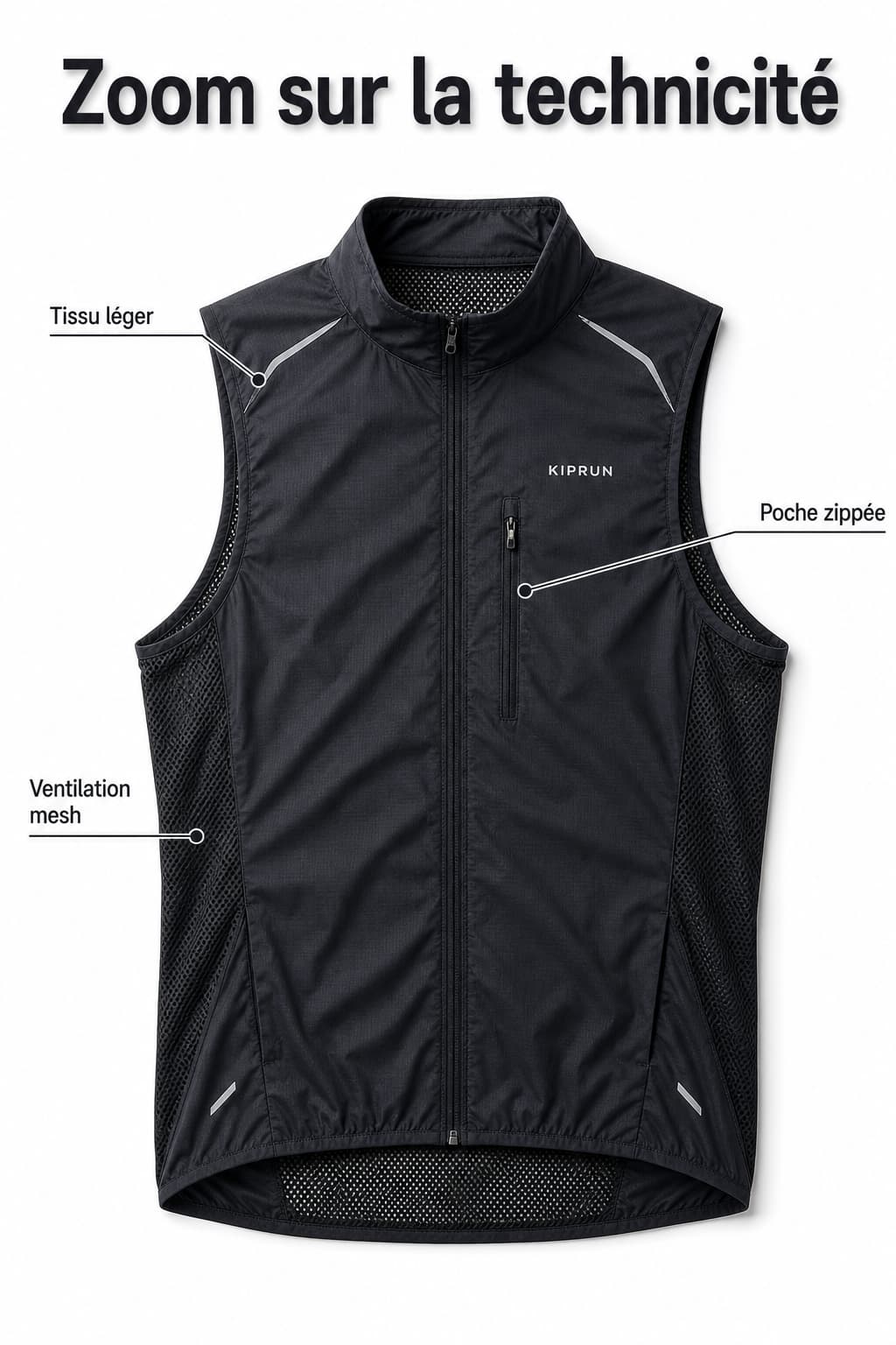Veste de running sans manches présentée à plat sur fond blanc, avec étiquettes indiquant