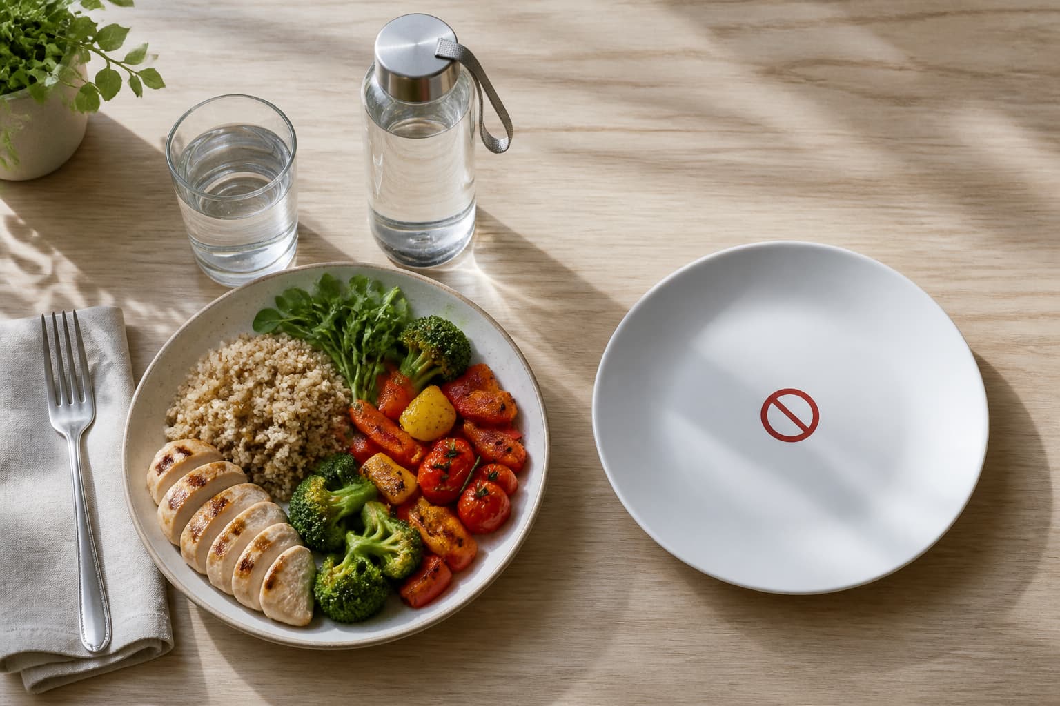 Une assiette équilibrée avec des aliments, un verre d