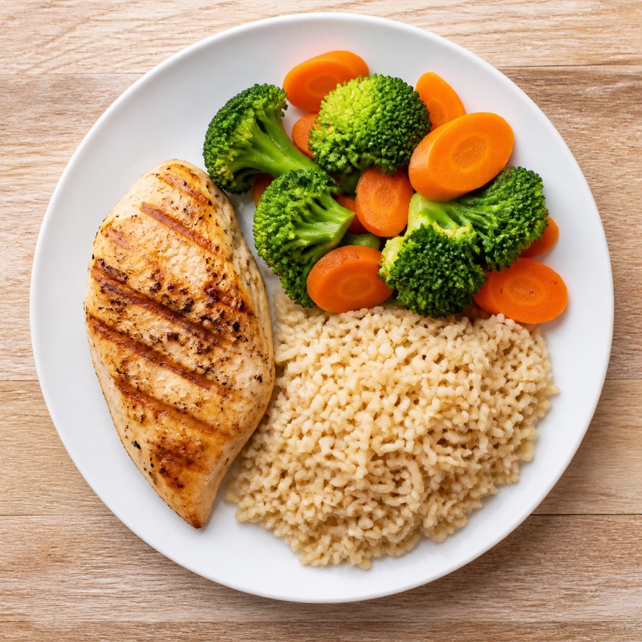 Assiette équilibrée avec une portion de protéines, des légumes et du riz complet.
