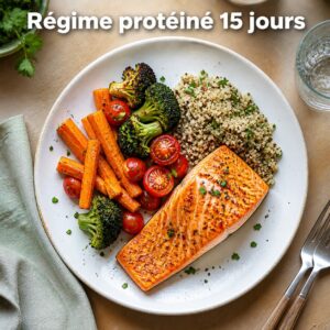 Assiette appétissante composée de saumon grillé, de légumes variés et de céréales complètes, avec le texte 'Régime protéiné 15 jours' en superposition.