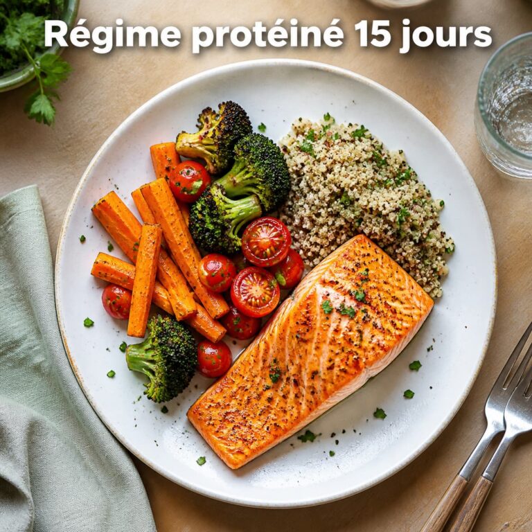 Assiette appétissante composée de saumon grillé, de légumes variés et de céréales complètes, avec le texte 'Régime protéiné 15 jours' en superposition.