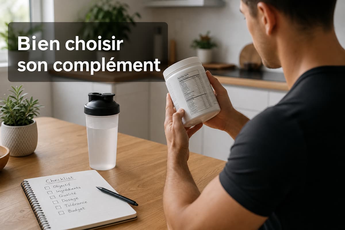 Un sportif assis à une table examine un pot de complément alimentaire sans marque à côté d'un shaker et d'un carnet de notes, avec l'inscription Bien choisir son complément.