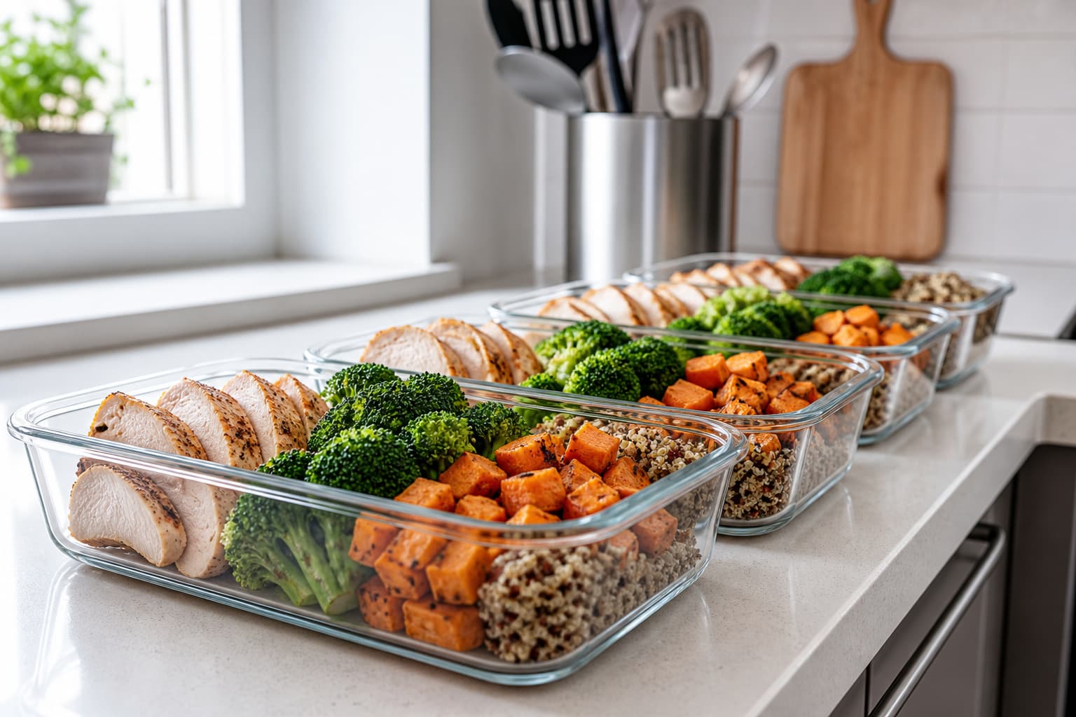 Plusieurs boîtes transparentes de repas préparés alignées sur un plan de travail propre, contenant du poulet, des légumes et des féculents, avec des ustensiles de cuisine en arrière-plan.