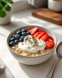 Un bol de flocons d’avoine garni de yaourt épais, de myrtilles, de morceaux de fraises et de graines sur une table claire.