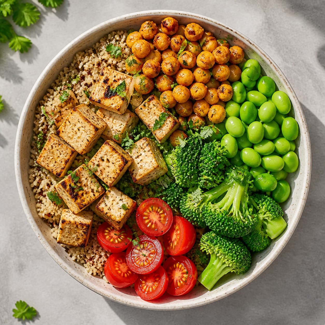 Un bol végétarien composé de cubes de tofu grillé, pois chiches, légumes verts, tomates cerises et quinoa, disposés de manière appétissante.
