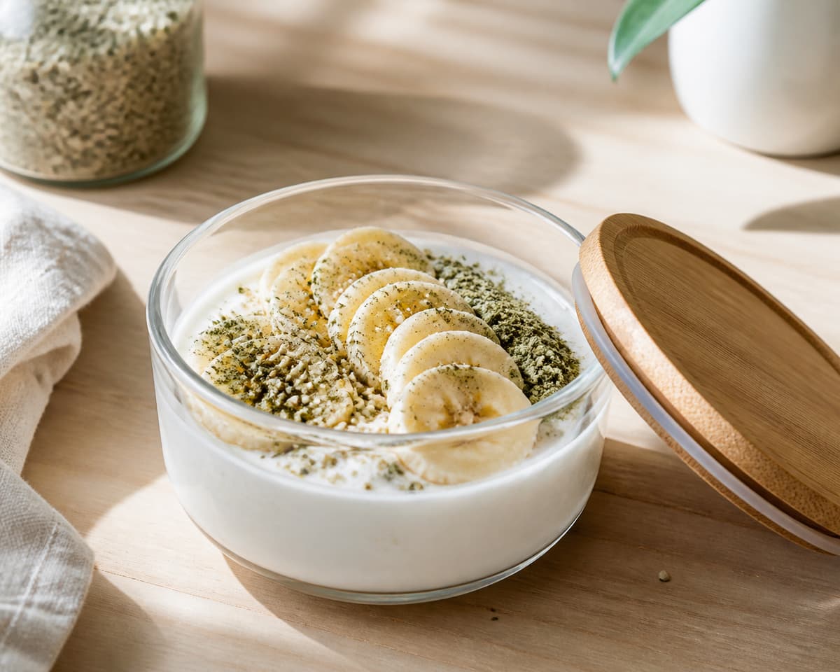Bol en verre contenant du yaourt végétal garni de rondelles de banane et de graines de chanvre avec un couvercle posé à côté.