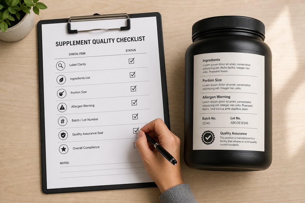 Une main cochant une liste de contrôle avec un stylo à côté d'un pot de complément alimentaire dont l'étiquette affiche la liste des ingrédients et un numéro de lot.