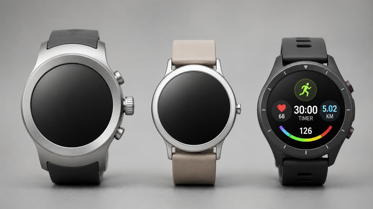 Trois montres connectées alignées côte à côte sur un fond clair, montrant des différences de taille et de style entre un modèle sportif robuste, un modèle plus fin et une montre de sport moderne.