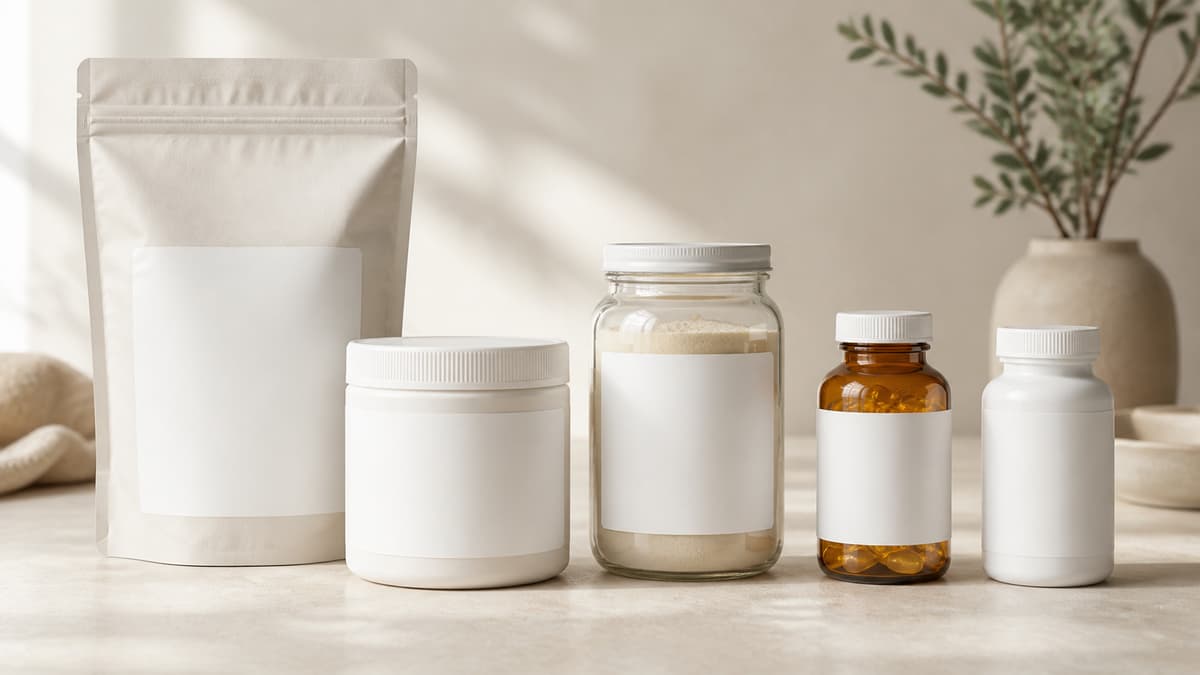 Plusieurs contenants neutres de compléments alimentaires, comprenant des pots et sachets de poudre, un flacon de vitamines et des capsules d’oméga-3, disposés sur une surface claire.