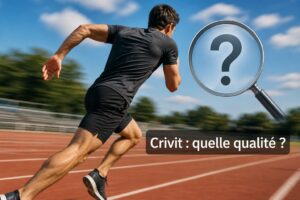 Un sportif en mouvement portant une tenue de sport générique et utilisant un équipement de sport, avec un symbole de loupe évoquant l'évaluation, et le texte 'Crivit : quelle qualité ?' superposé sur un fond d'environnement sportif.
