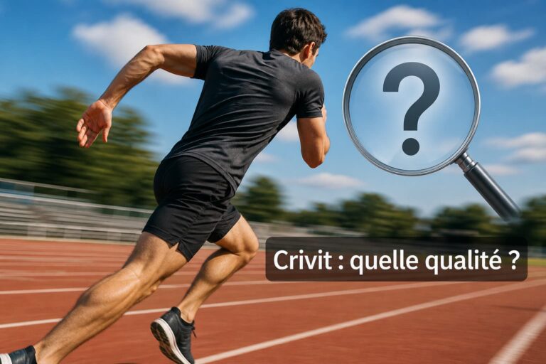Un sportif en mouvement portant une tenue de sport générique et utilisant un équipement de sport, avec un symbole de loupe évoquant l'évaluation, et le texte 'Crivit : quelle qualité ?' superposé sur un fond d'environnement sportif.
